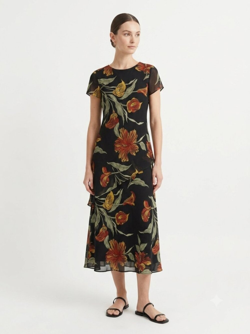 Vintage Jessica Howard Dress Black Orange Maxi Layered Floral 12